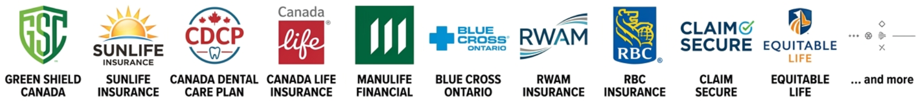Accepted plans include Green Shield Canada, Sun Life, Canadian Dental Care Plan, Canada Life, Manulife, Blue Cross Ontario, RWAM, RBC Insurance, Claim Secure, Equitable Life and more